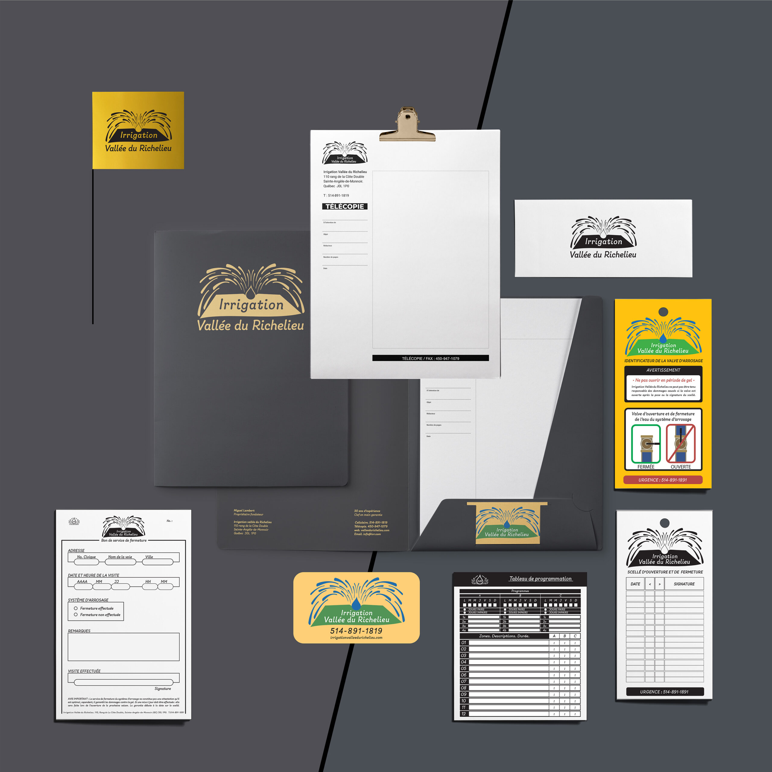Ensemble de supports de branding d'Irrigation Vallée du Richelieu, incluant des cartes de visite, des en-têtes de lettre, des enveloppes, des brochures et des fiches techniques, tous arborant le logo et les couleurs de l'entreprise.