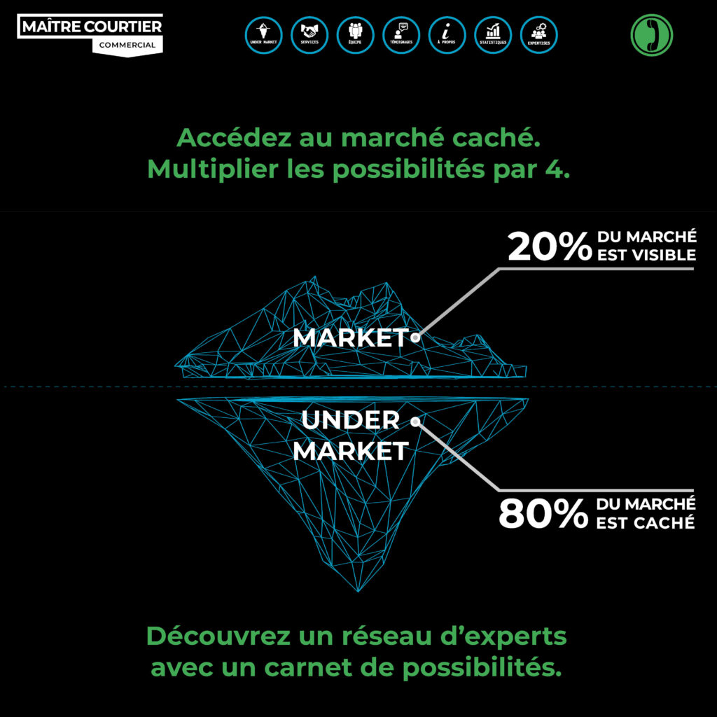 Illustration d'un iceberg représentant le marché visible (20 %) au-dessus de l'eau et le marché caché (80 %) sous l'eau, avec le slogan "Accédez au marché caché. Multipliez les possibilités par 4.