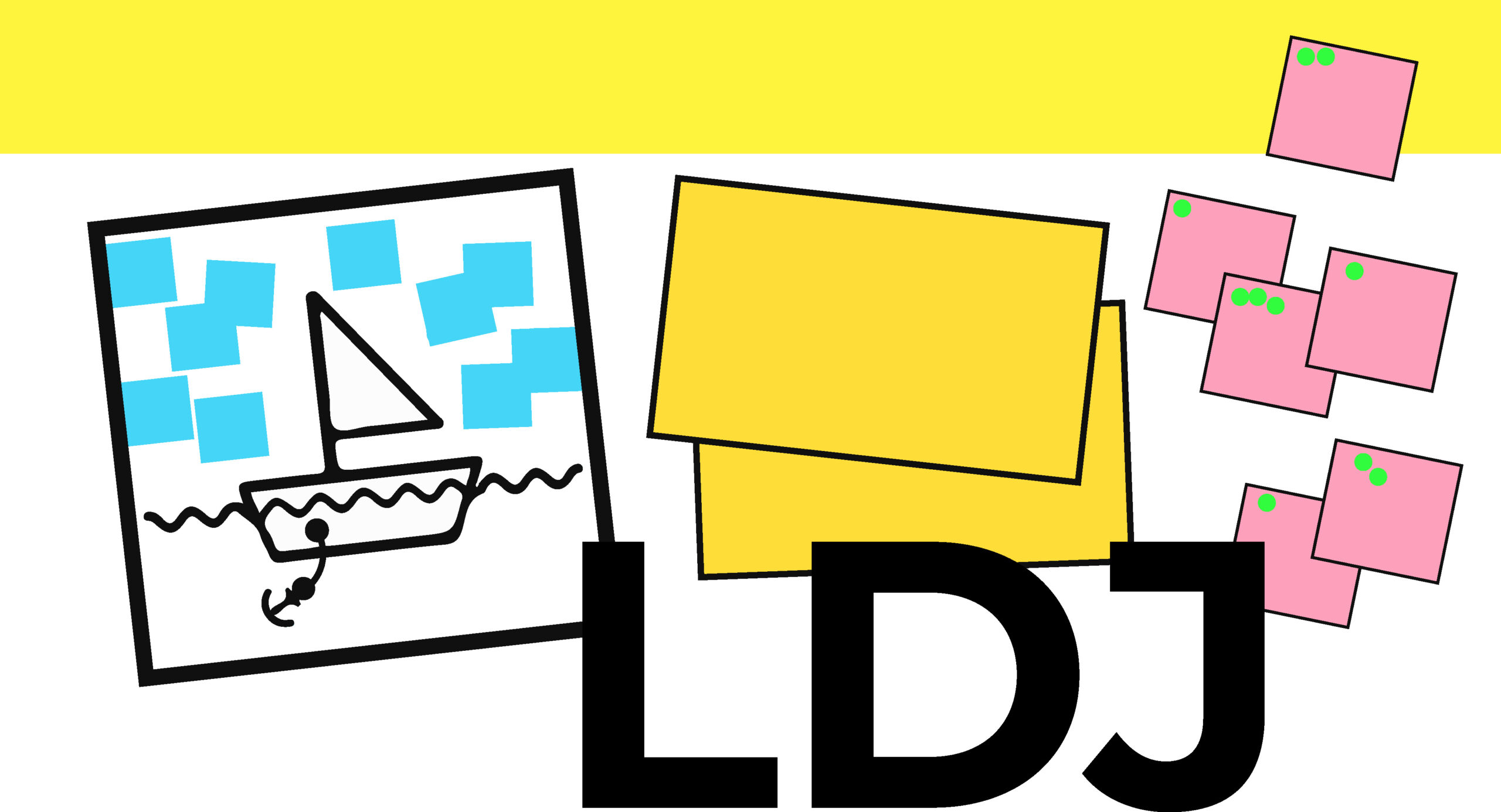 Illustration colorée avec une esquisse de bateau sur un tableau entouré de notes autocollantes bleues, jaunes et roses, accompagnée des lettres "LDJ" en bas.