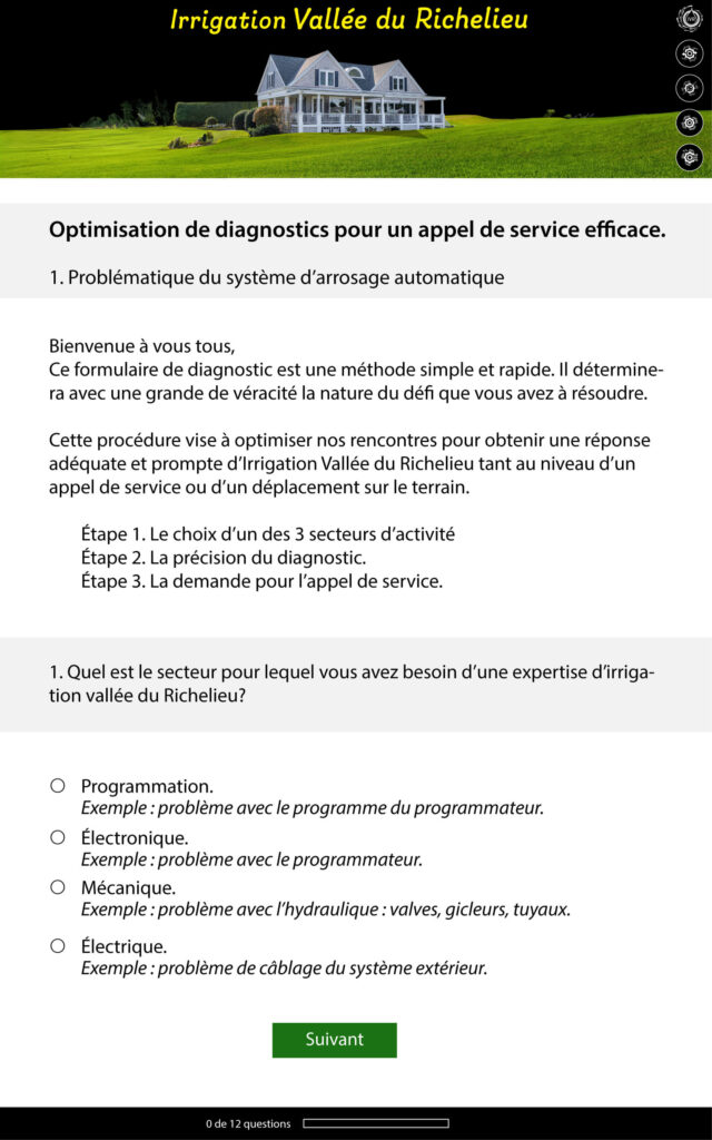 Formulaire de diagnostic du système d’arrosage automatique par Irrigation Vallée du Richelieu. Il affiche des instructions pour identifier les problèmes liés à la programmation, l’électronique, la mécanique ou l’électrique, accompagnées d’exemples clairs.